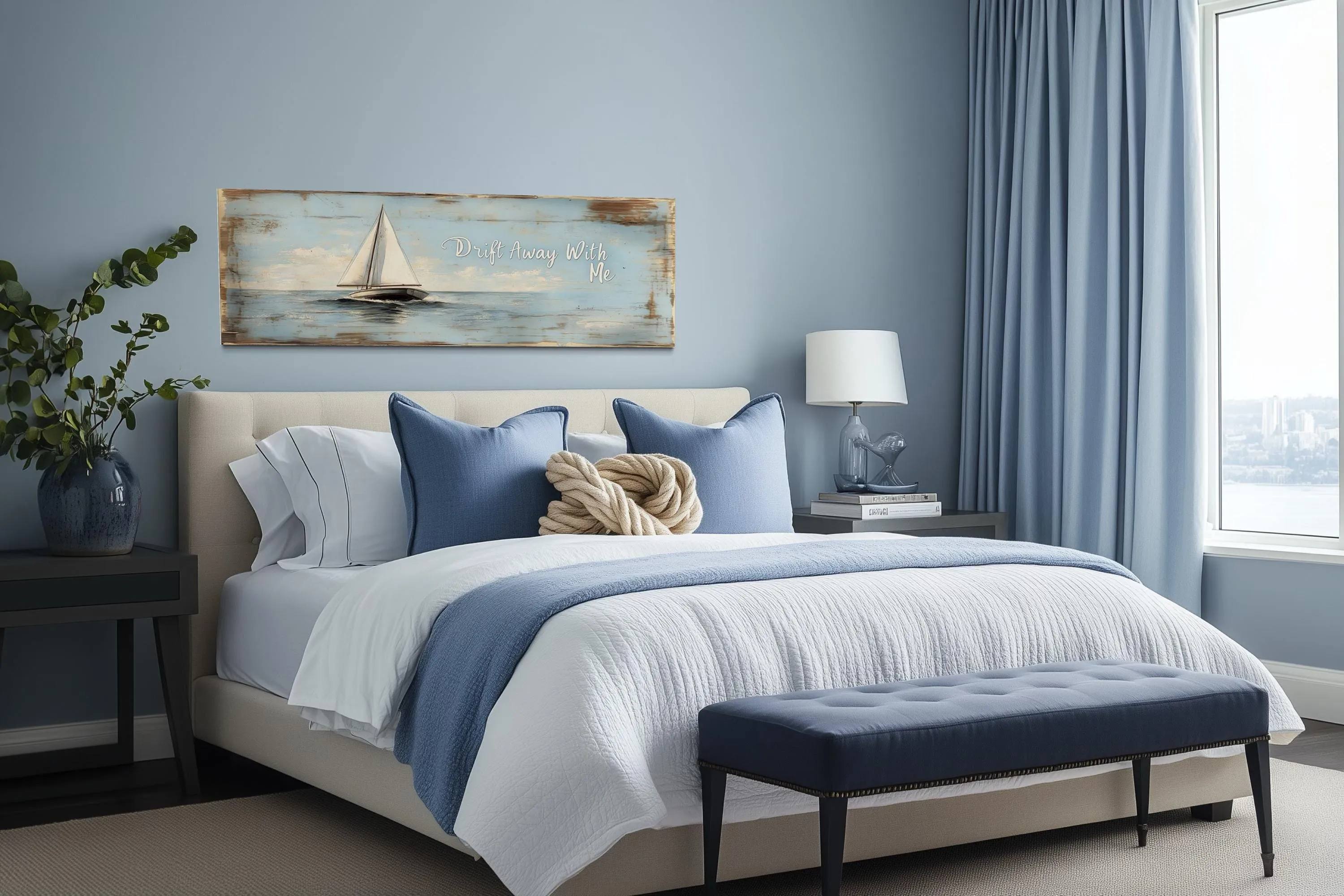 Coastal Bedroom Sign With Sailboat on Light Blue Canvas Wall Art