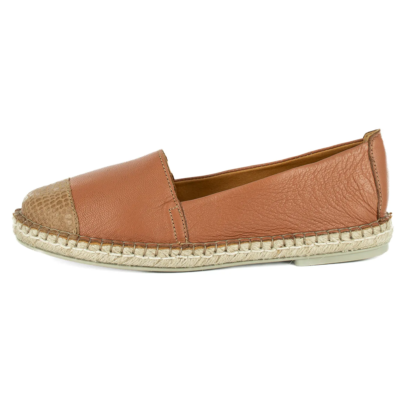 Consisela : Ladies Leather Espadrille Shoe in Oak Nappa & Walnut Coco Lux