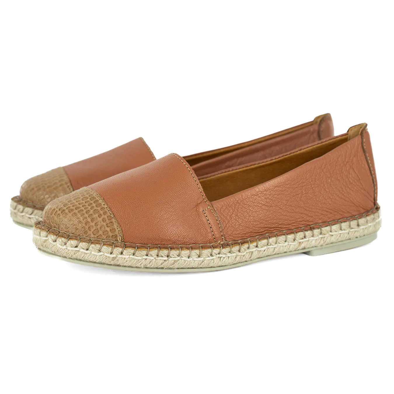 Consisela : Ladies Leather Espadrille Shoe in Oak Nappa & Walnut Coco Lux