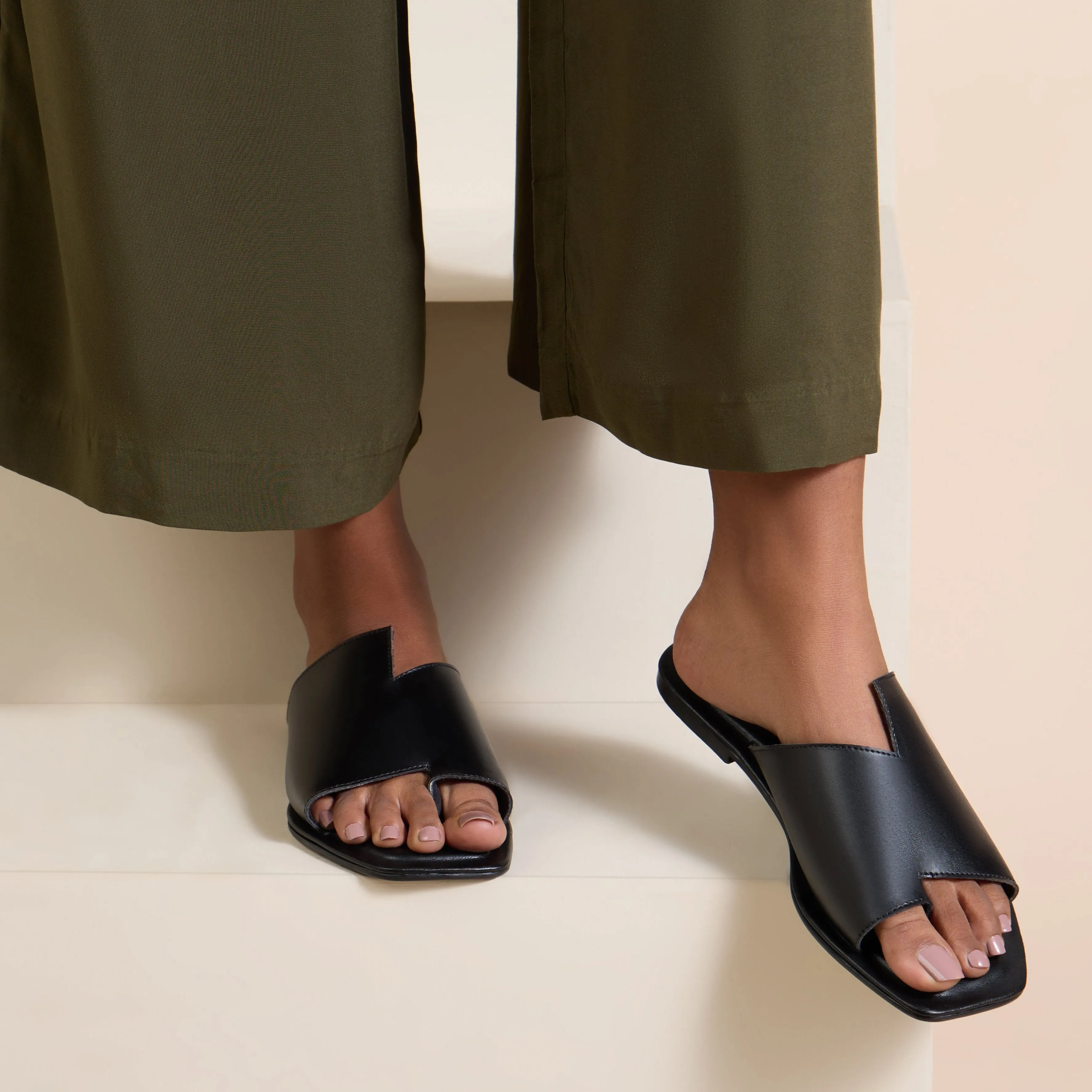 Corfu Square Black Flat Sandals For Women