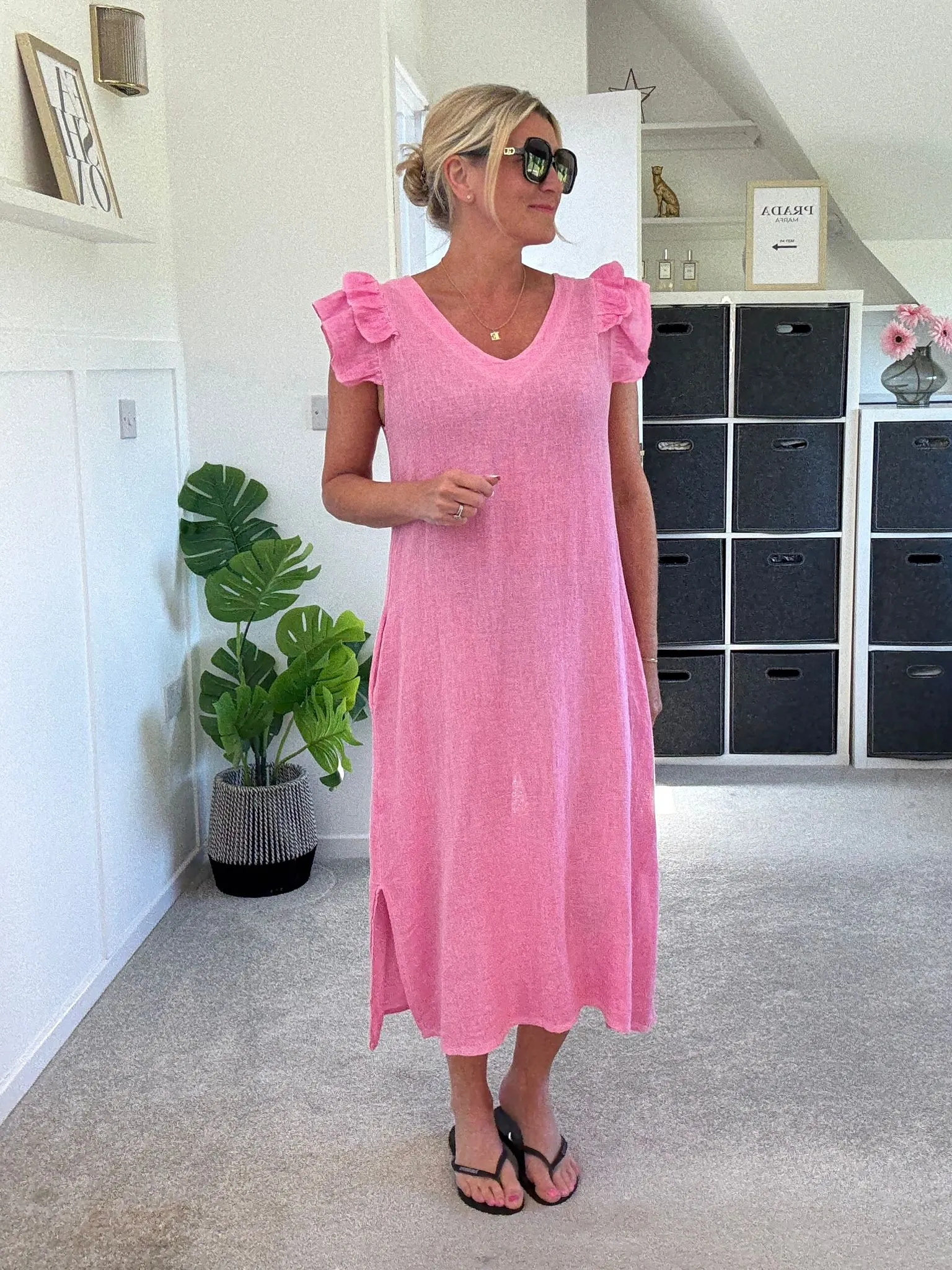 Cornflower Blue Washed Linen Frill Sleeve V-Neck Dress