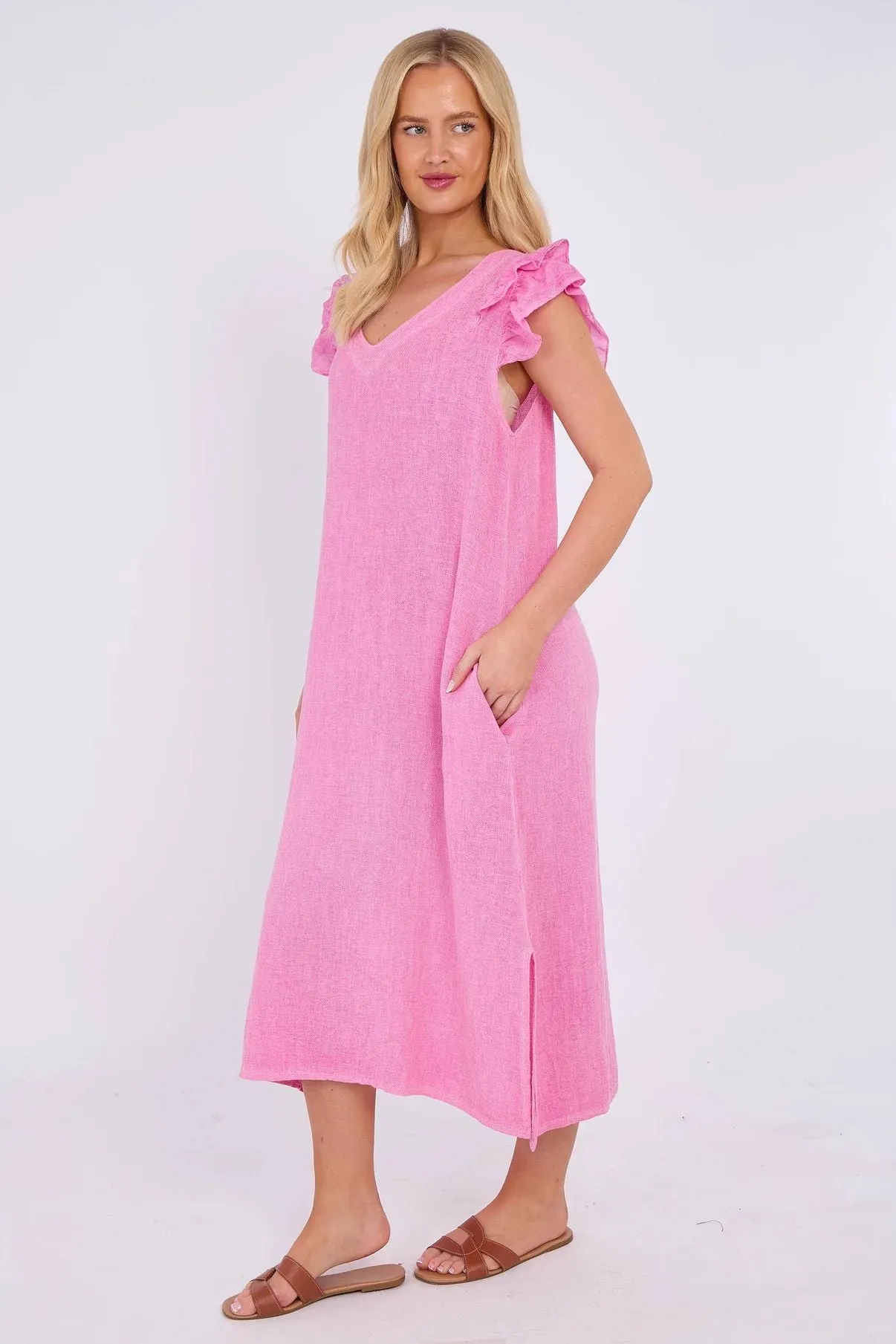 Cornflower Blue Washed Linen Frill Sleeve V-Neck Dress