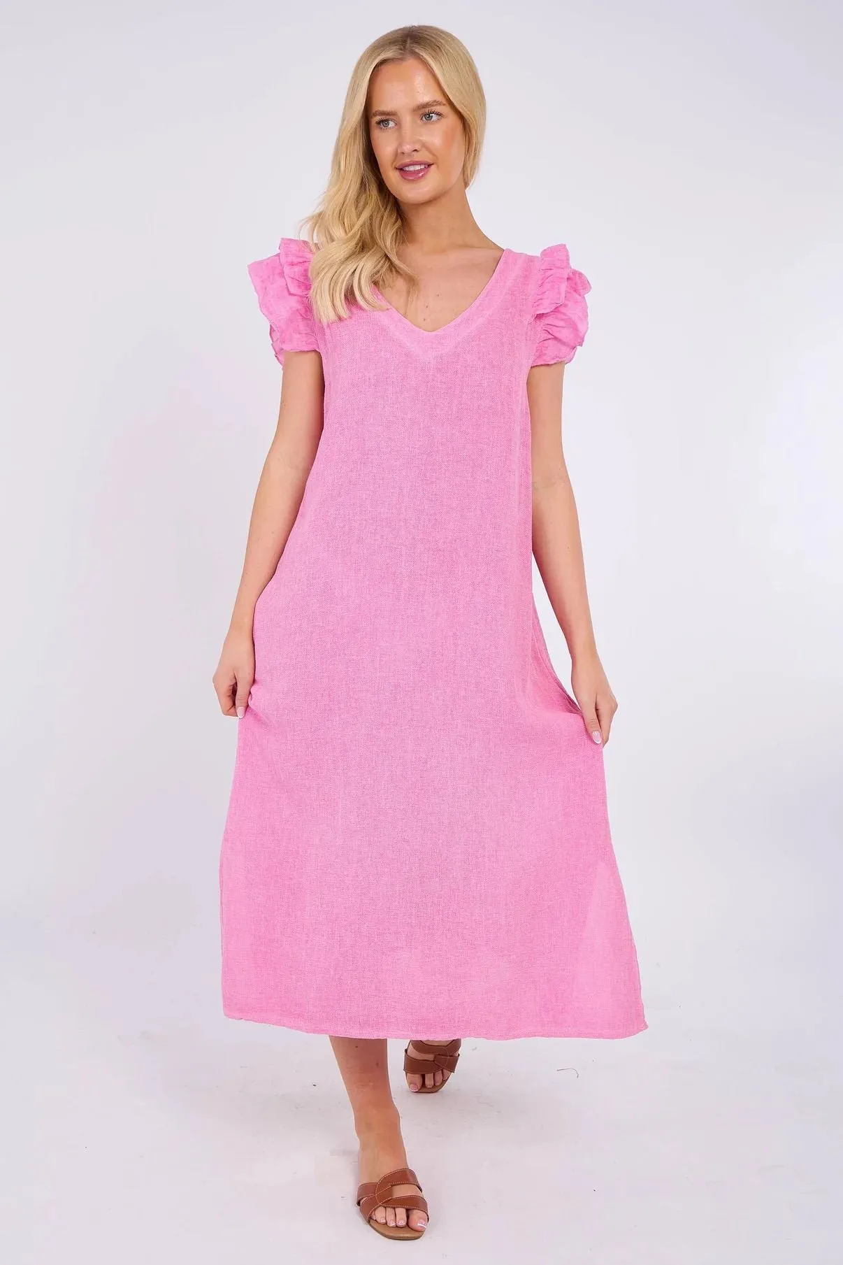 Cornflower Blue Washed Linen Frill Sleeve V-Neck Dress