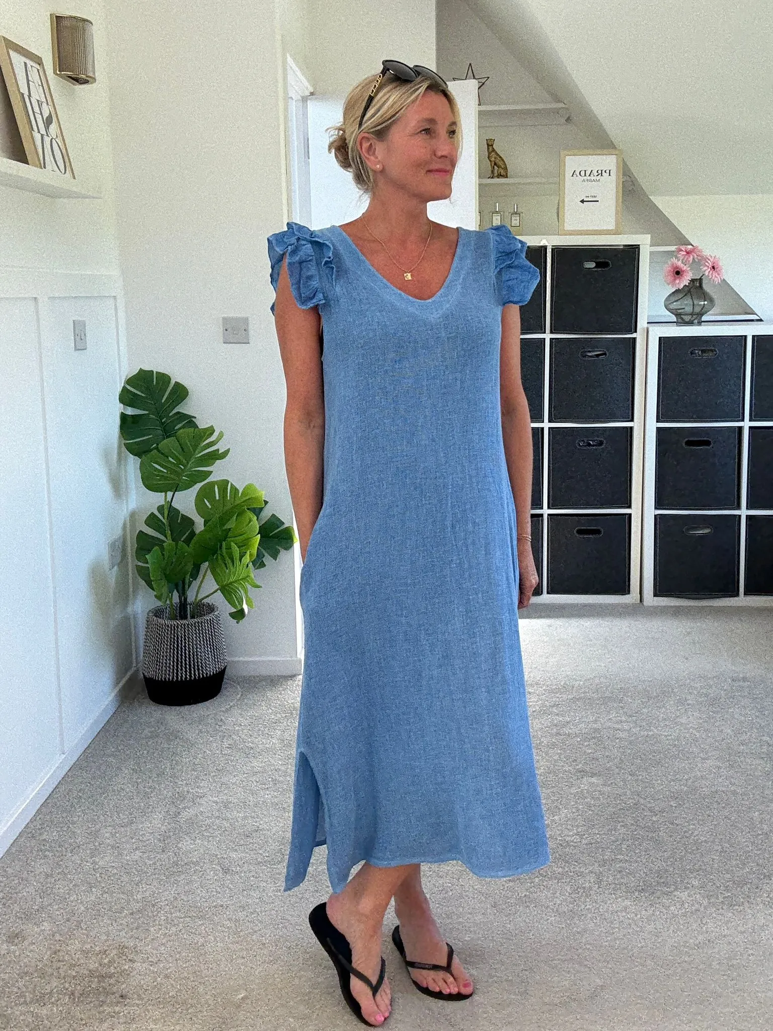 Cornflower Blue Washed Linen Frill Sleeve V-Neck Dress