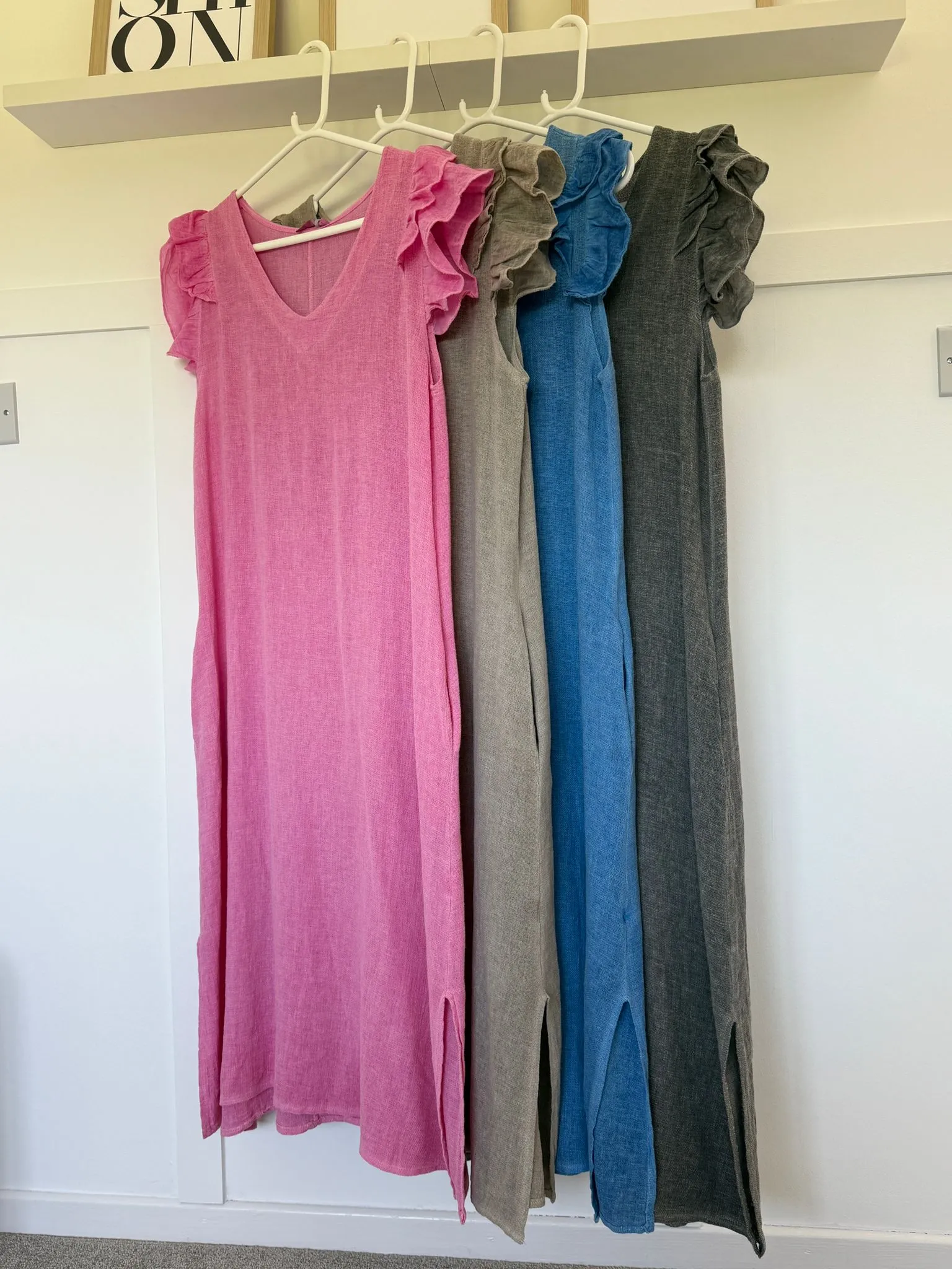 Cornflower Blue Washed Linen Frill Sleeve V-Neck Dress