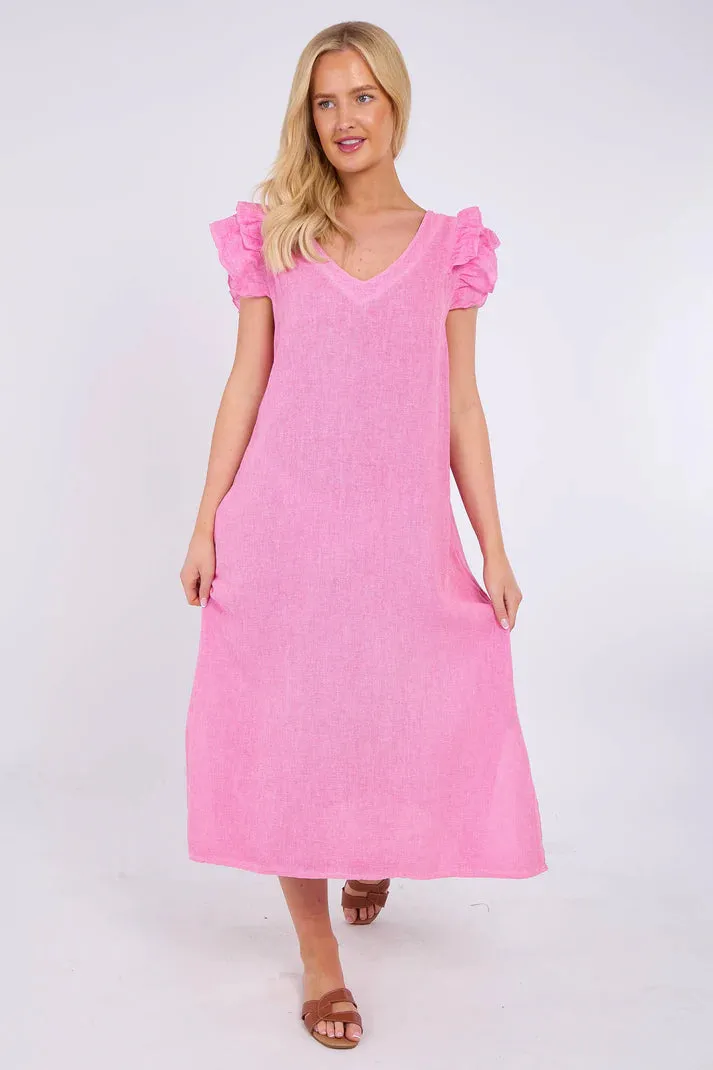 Cornflower Blue Washed Linen Frill Sleeve V-Neck Dress