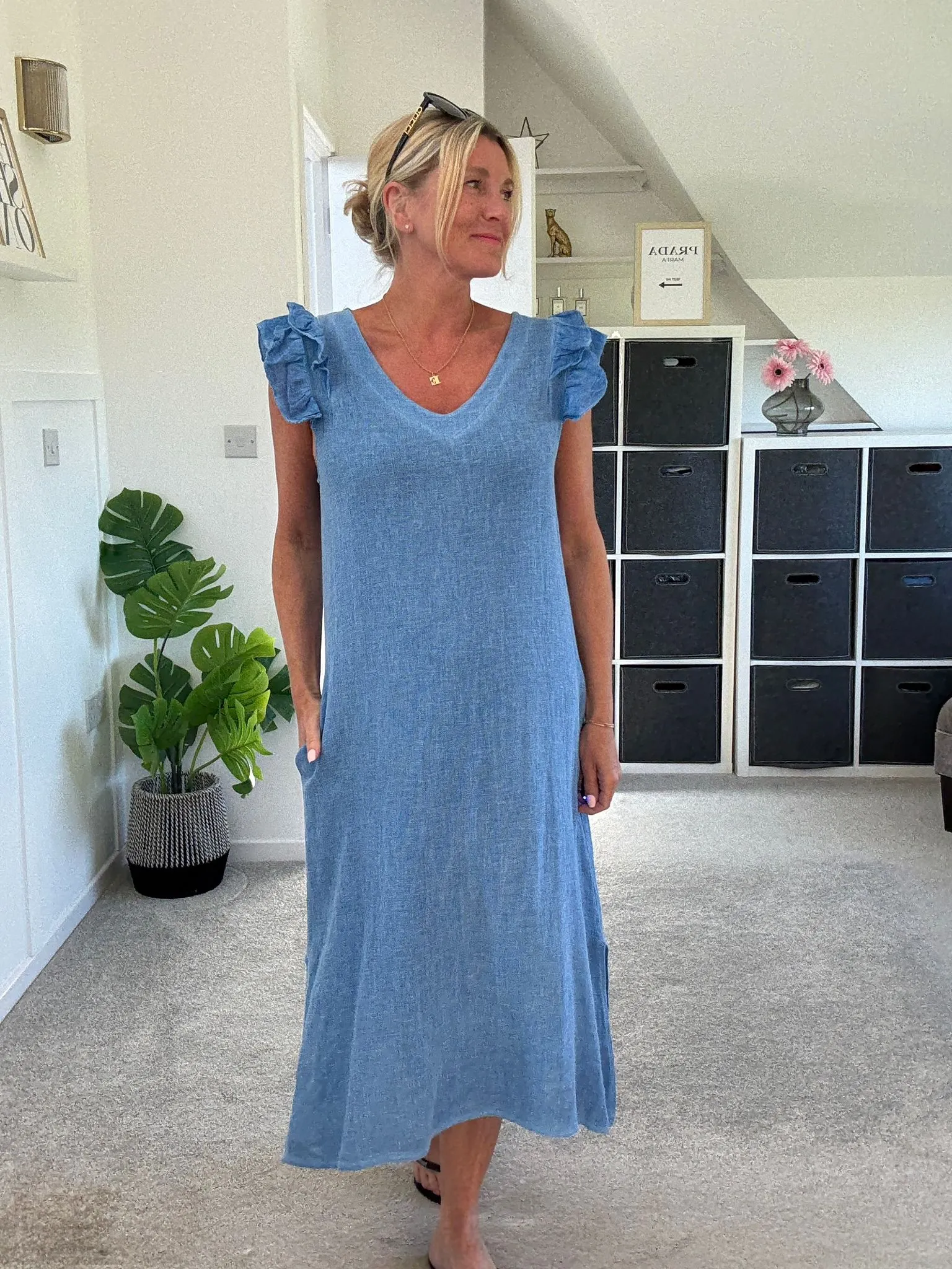 Cornflower Blue Washed Linen Frill Sleeve V-Neck Dress