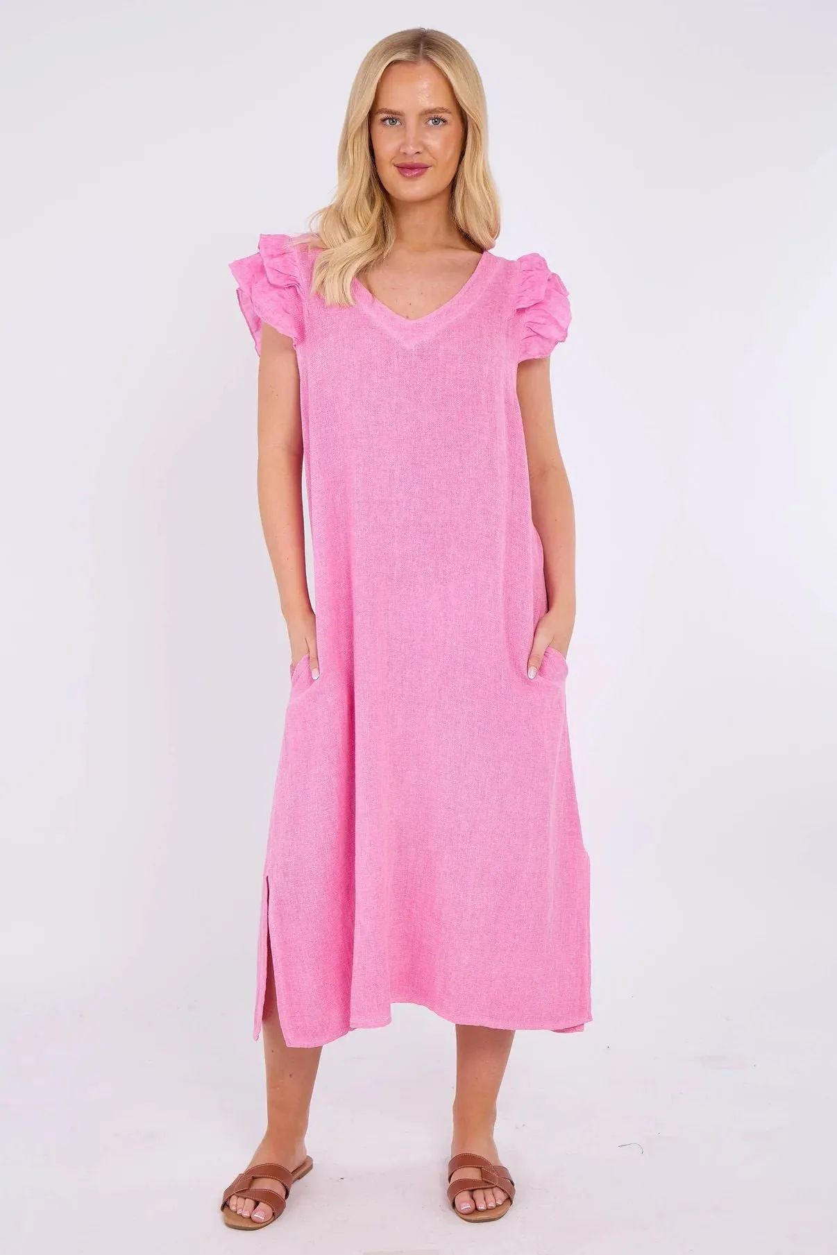 Cornflower Blue Washed Linen Frill Sleeve V-Neck Dress