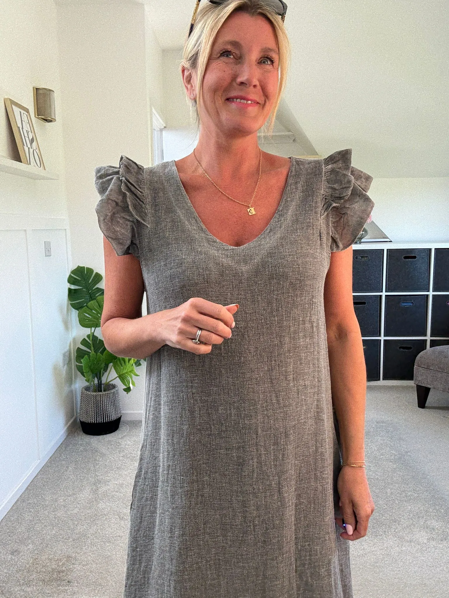 Cornflower Blue Washed Linen Frill Sleeve V-Neck Dress