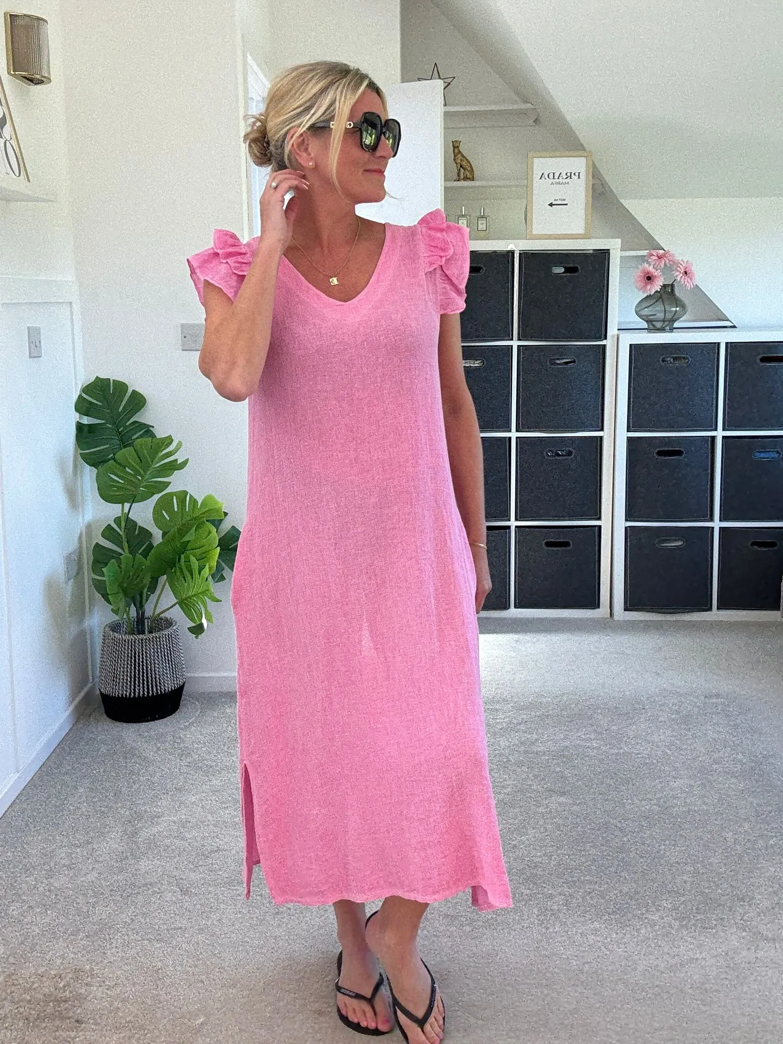 Cornflower Blue Washed Linen Frill Sleeve V-Neck Dress