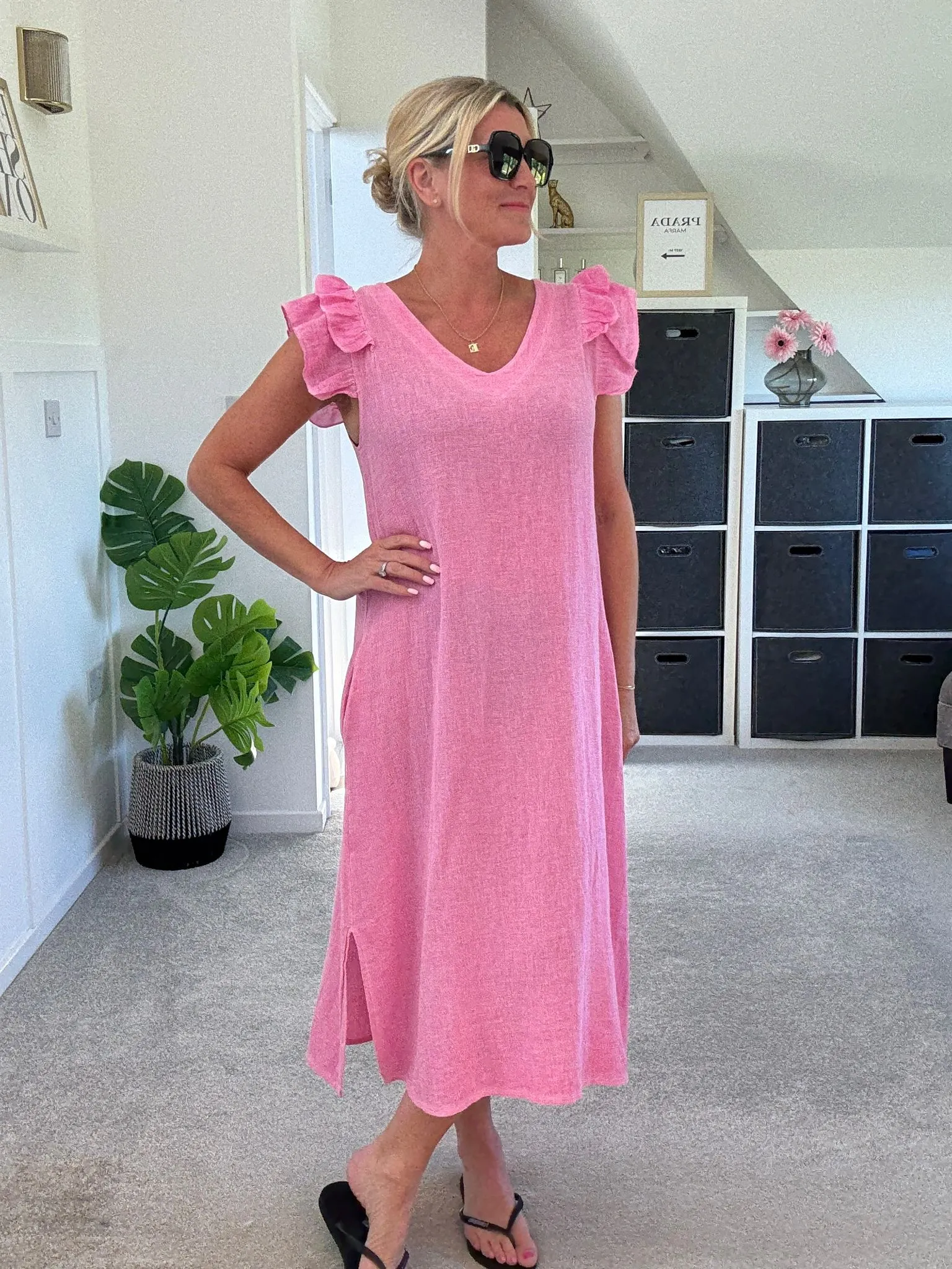 Cornflower Blue Washed Linen Frill Sleeve V-Neck Dress