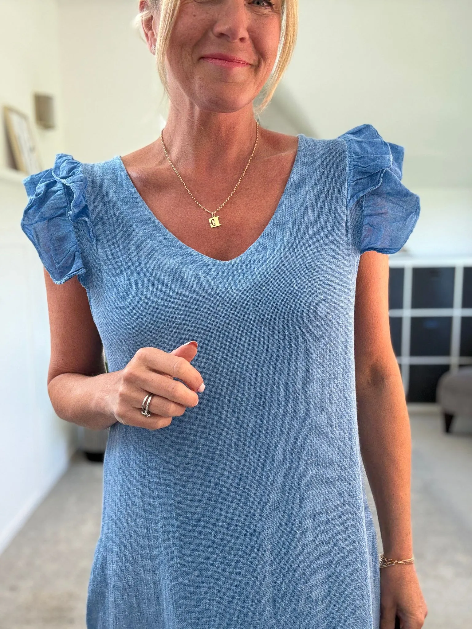 Cornflower Blue Washed Linen Frill Sleeve V-Neck Dress