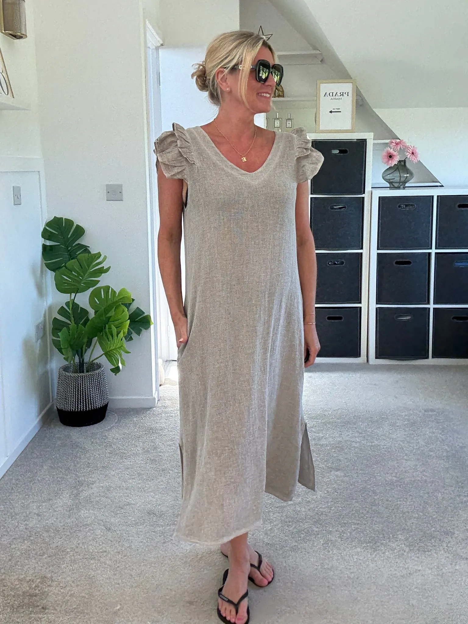 Cornflower Blue Washed Linen Frill Sleeve V-Neck Dress