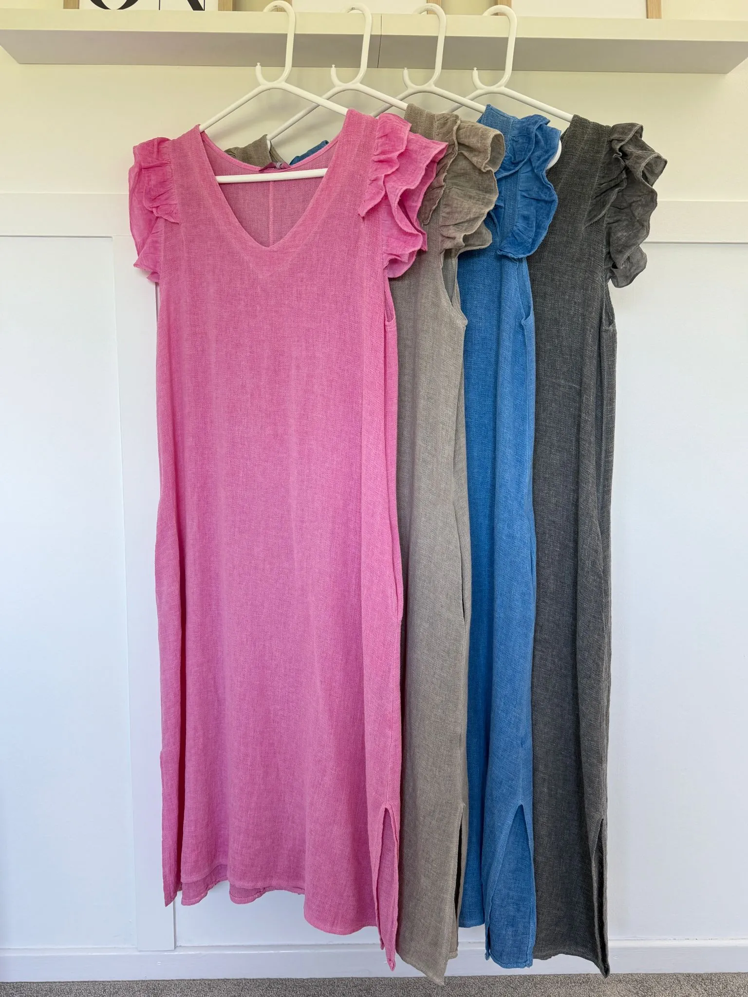 Cornflower Blue Washed Linen Frill Sleeve V-Neck Dress
