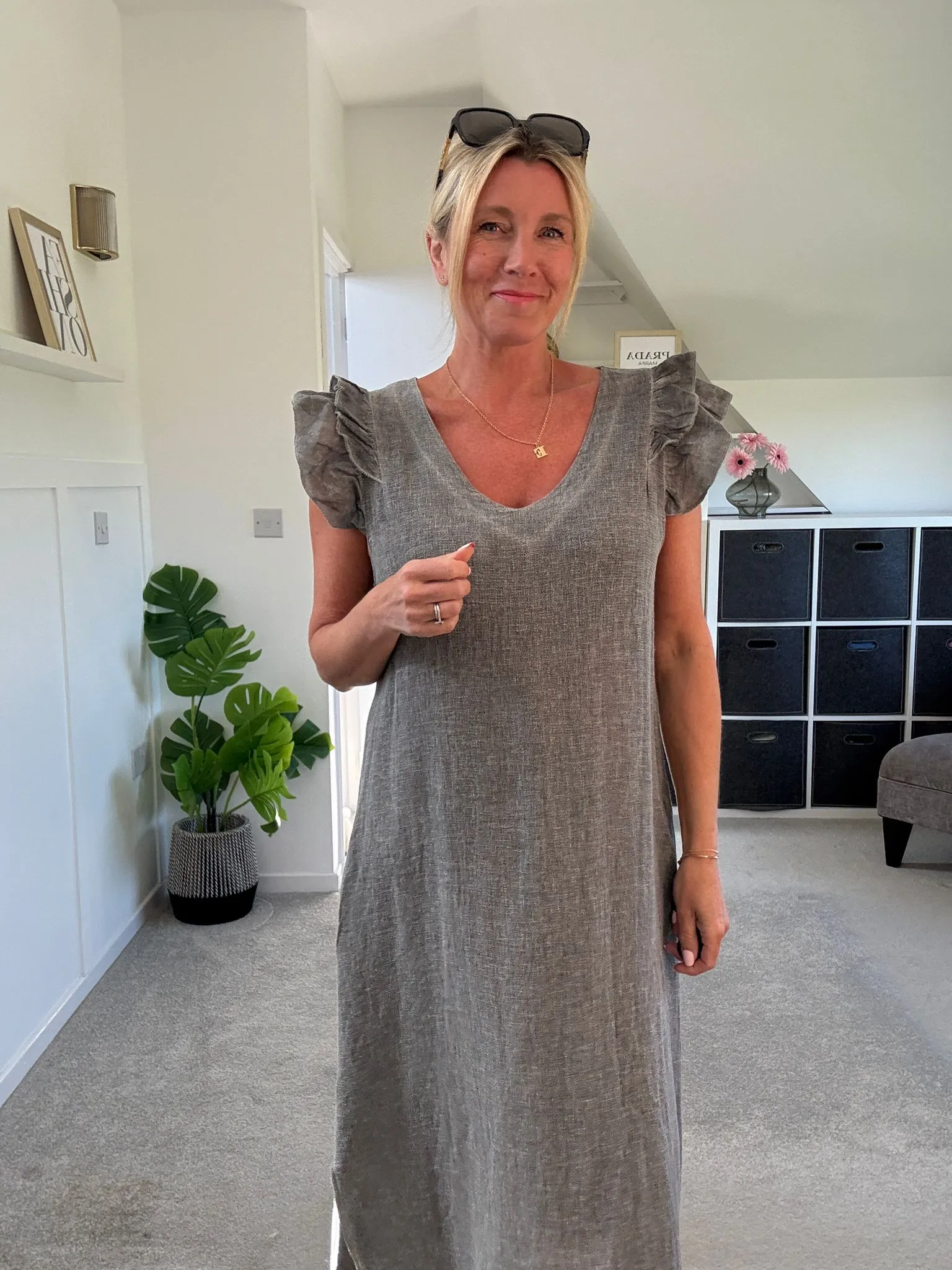 Cornflower Blue Washed Linen Frill Sleeve V-Neck Dress