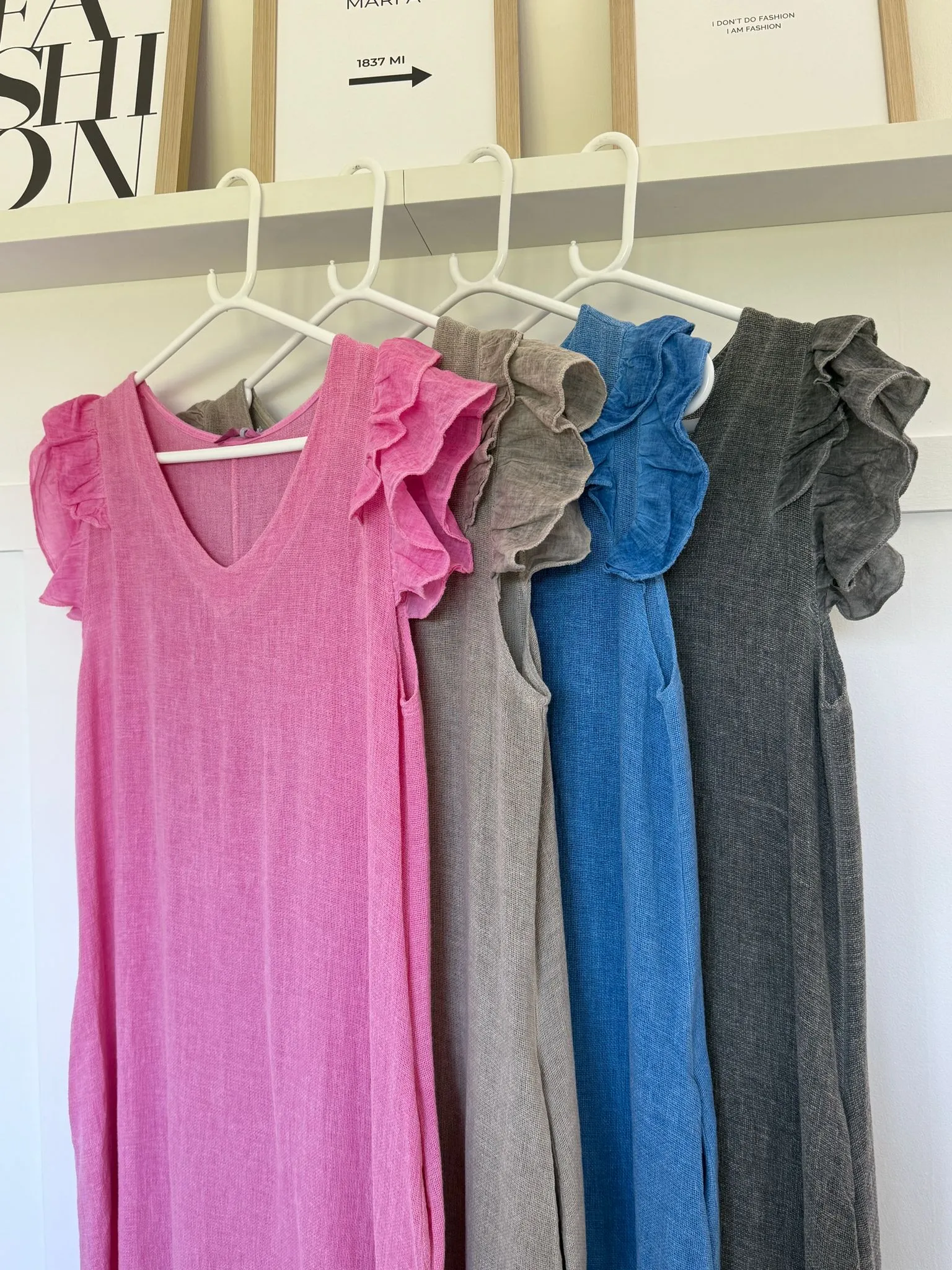 Cornflower Blue Washed Linen Frill Sleeve V-Neck Dress