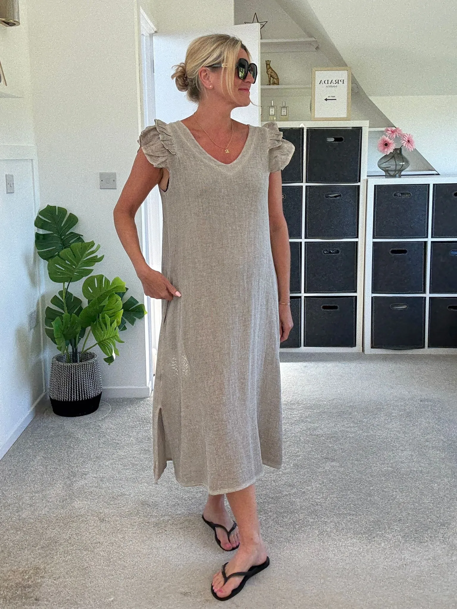 Cornflower Blue Washed Linen Frill Sleeve V-Neck Dress