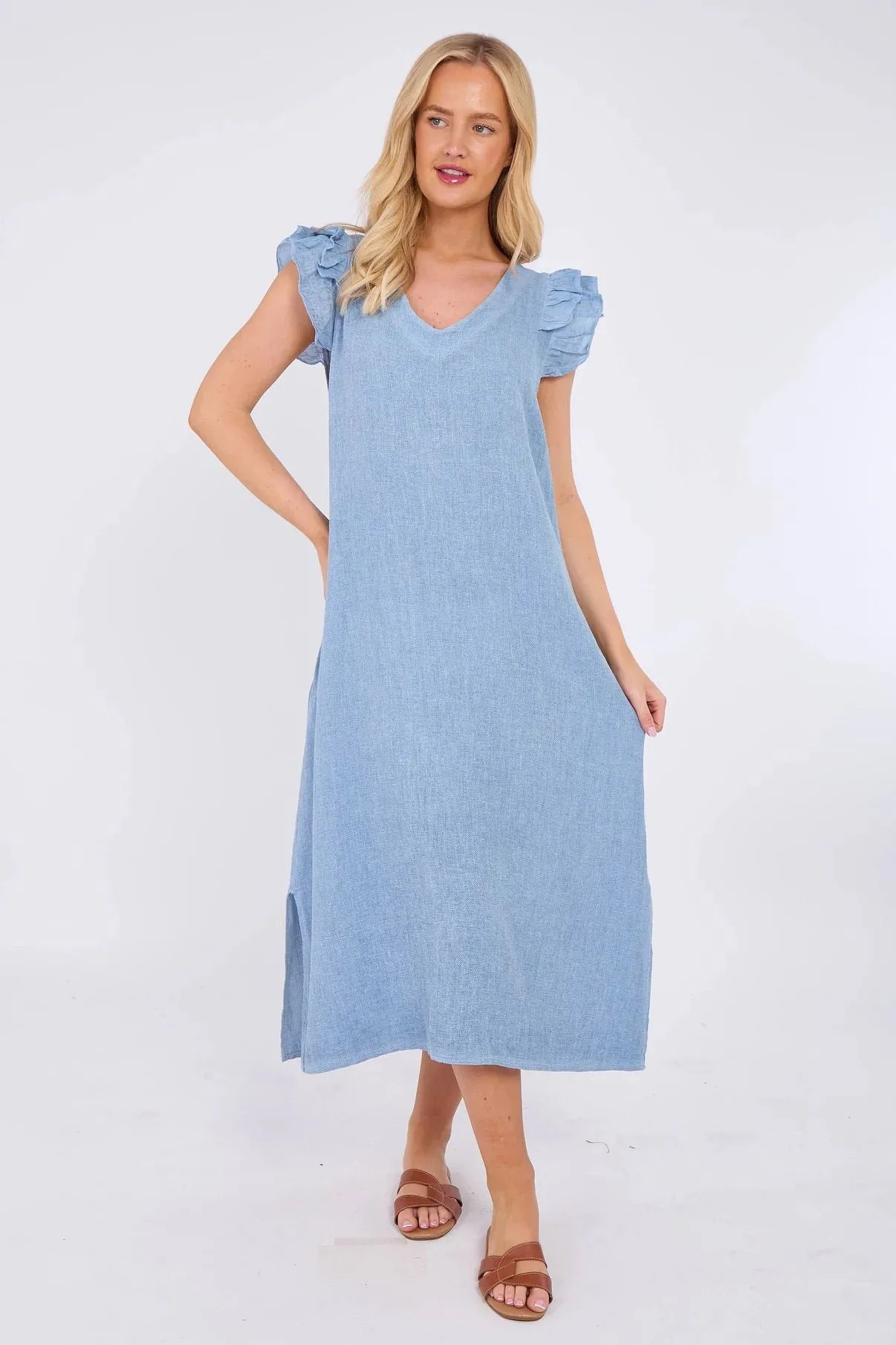 Cornflower Blue Washed Linen Frill Sleeve V-Neck Dress