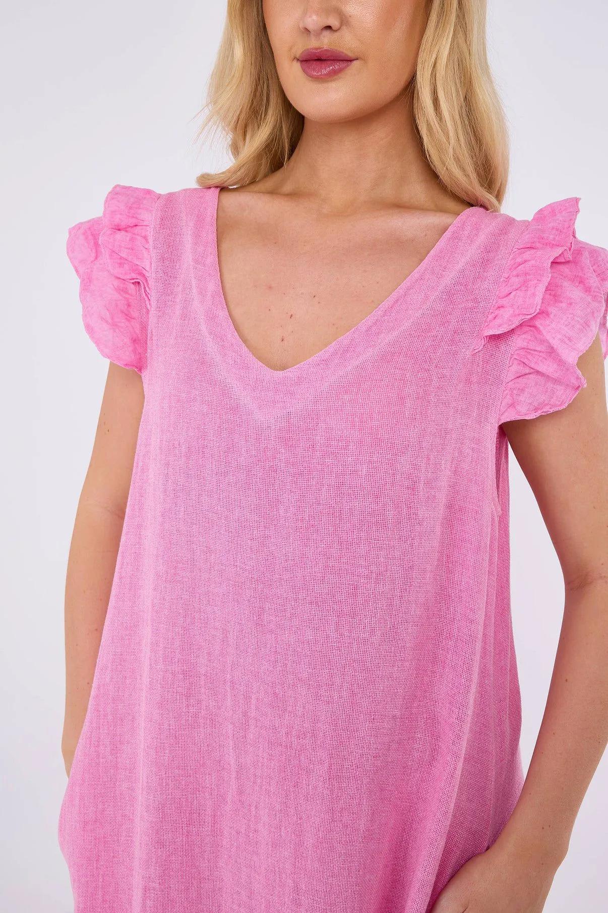 Cornflower Blue Washed Linen Frill Sleeve V-Neck Dress