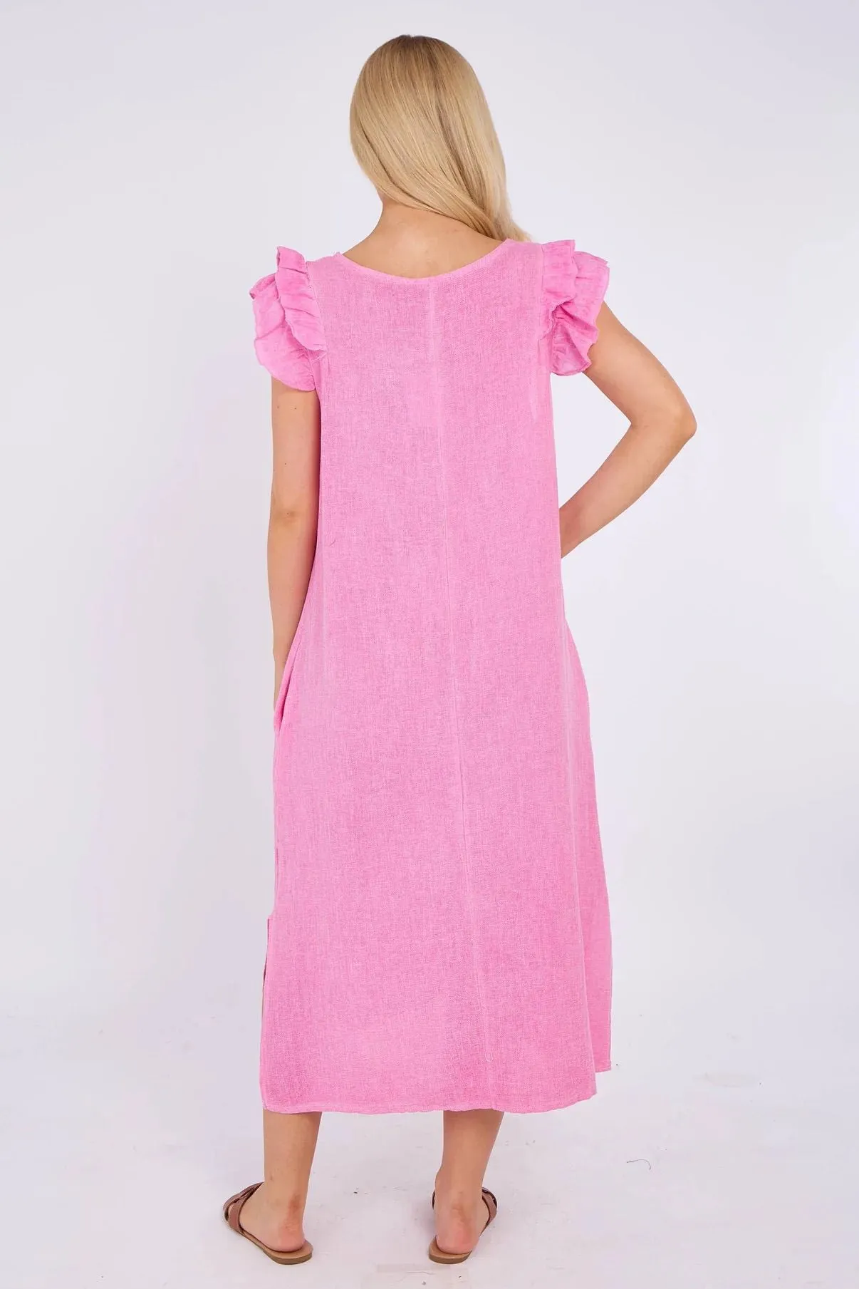 Cornflower Blue Washed Linen Frill Sleeve V-Neck Dress