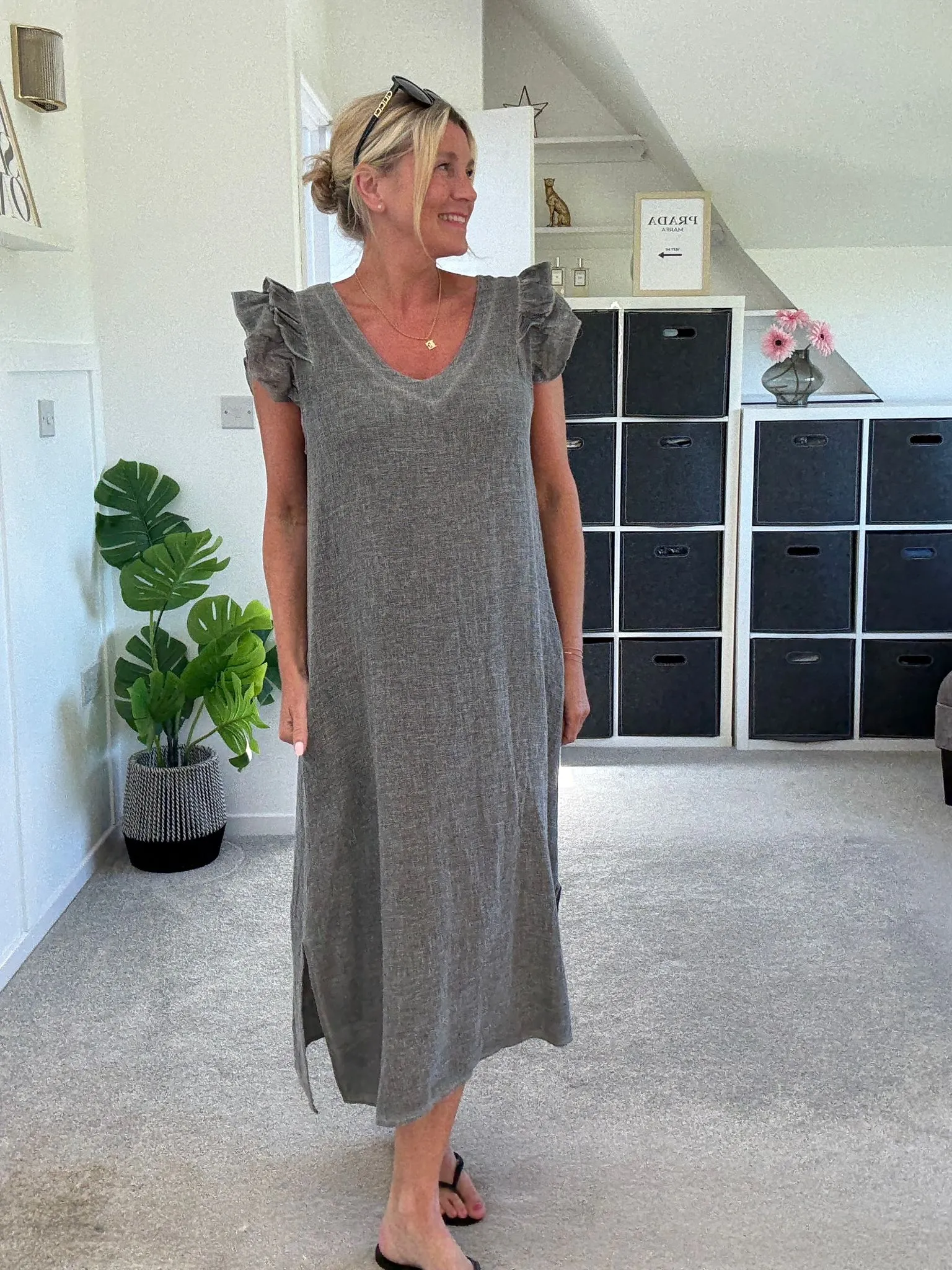 Cornflower Blue Washed Linen Frill Sleeve V-Neck Dress