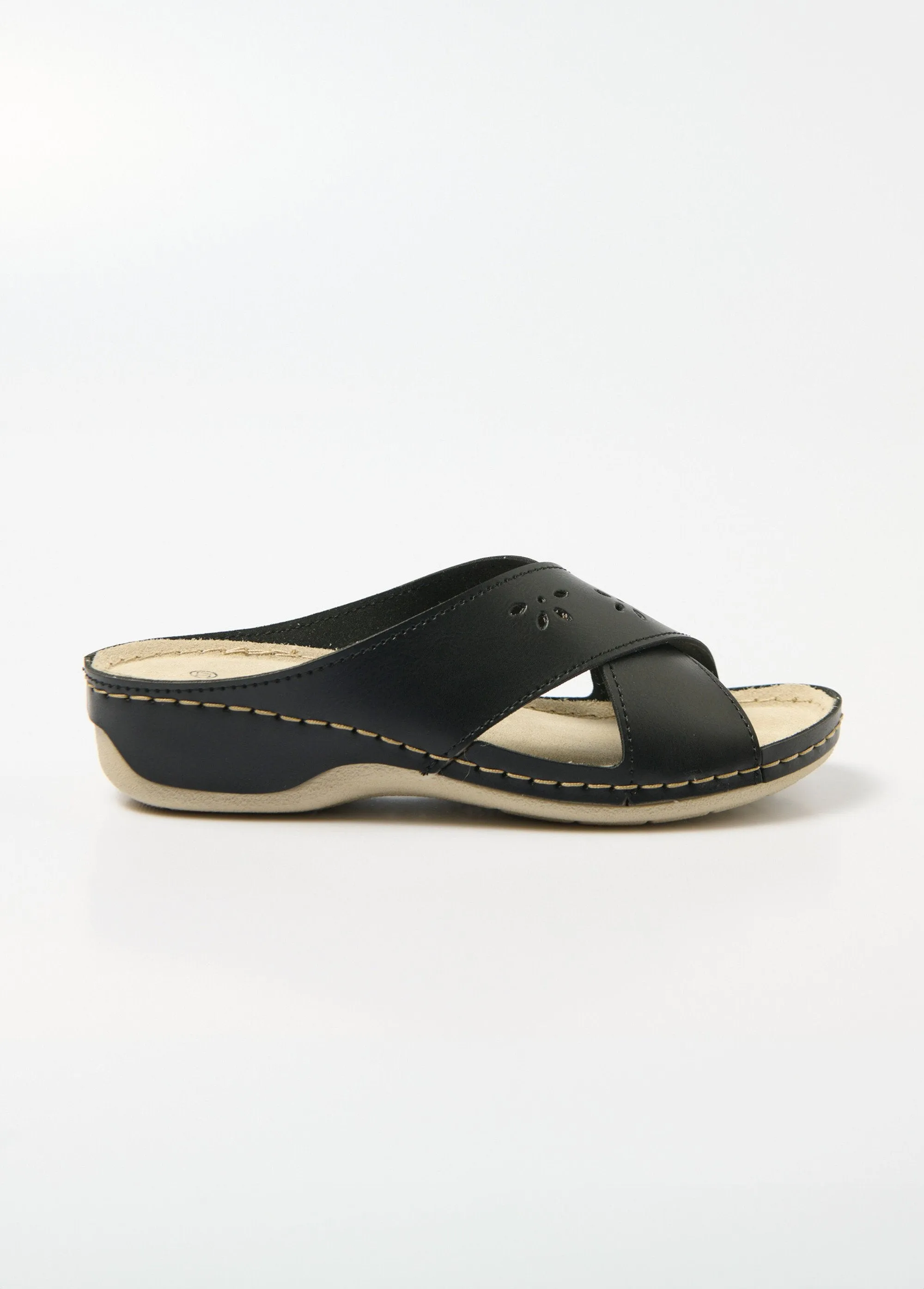 Crossed buckle mules with comfort width and coated wedge heel