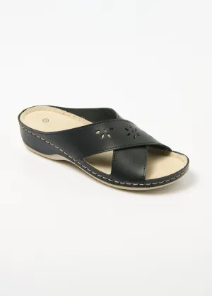 Crossed buckle mules with comfort width and coated wedge heel