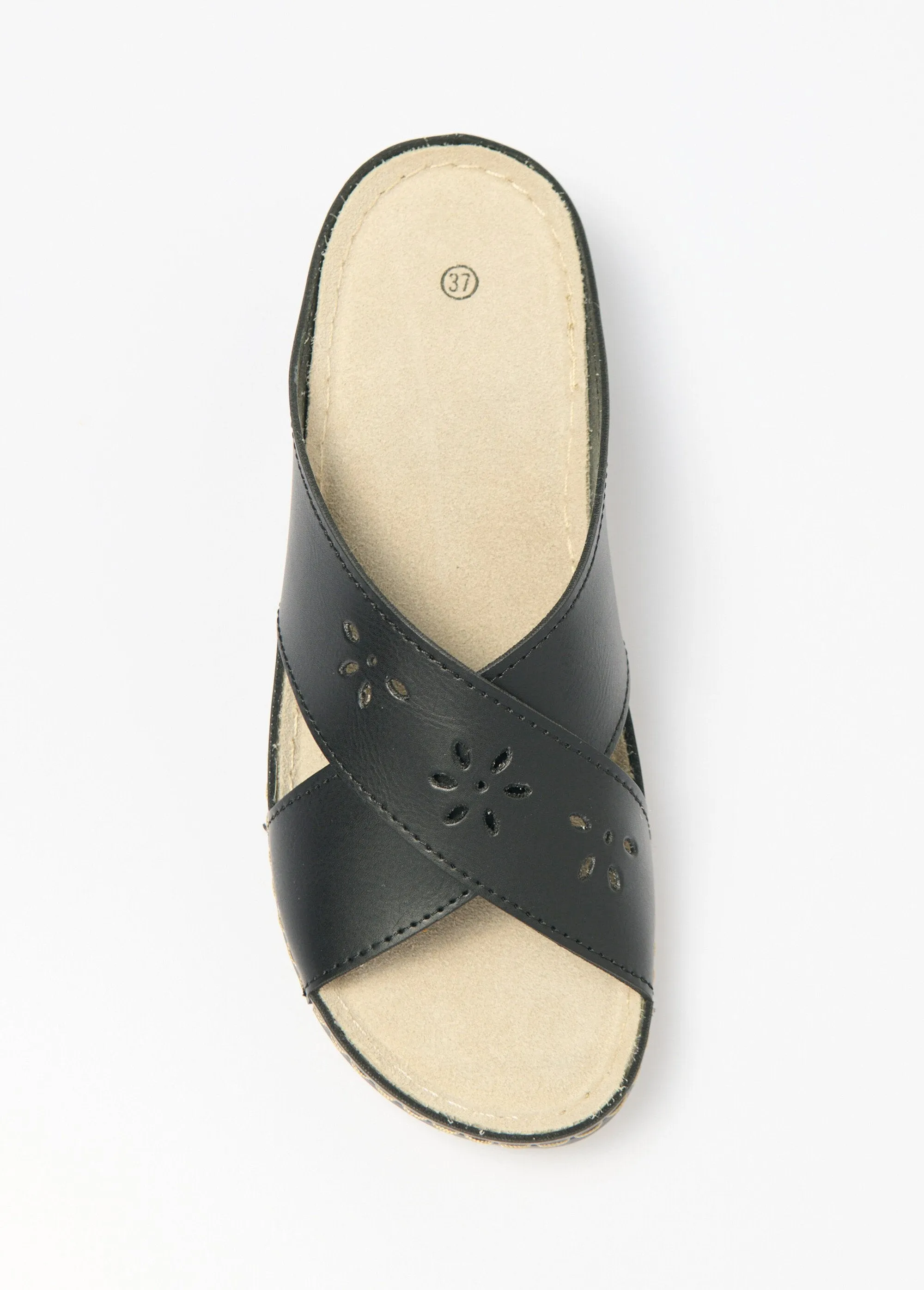 Crossed buckle mules with comfort width and coated wedge heel