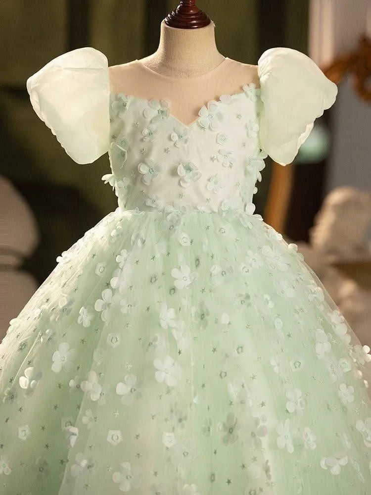 CUHK children's bubble sleeves cute green mesh fluffy Christmas party girl princess dress
