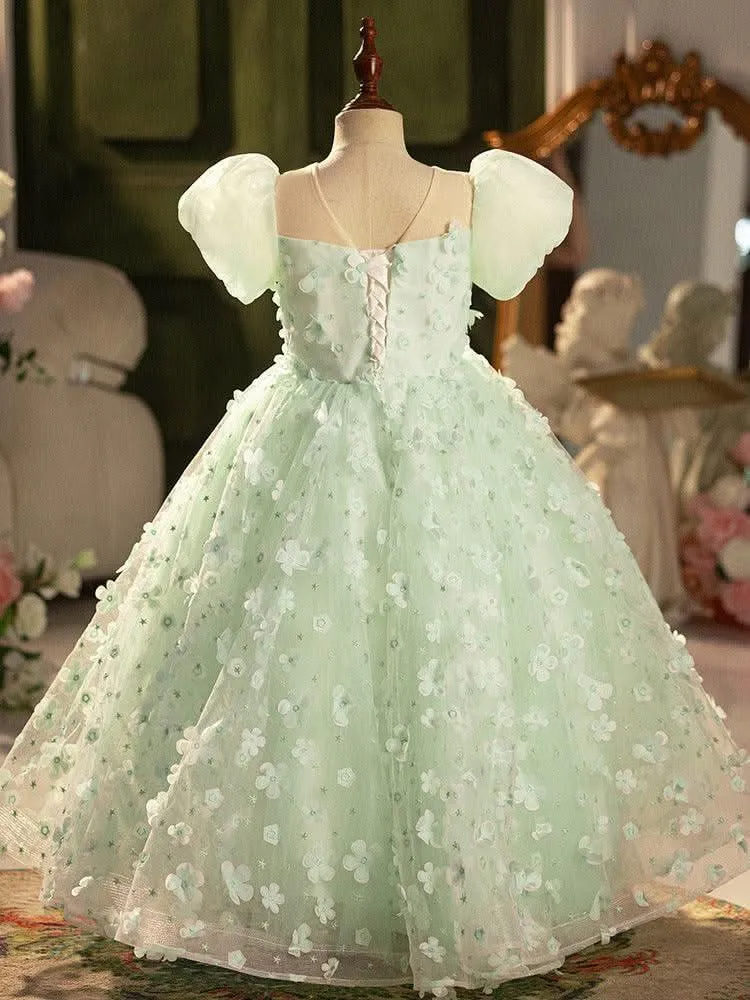 CUHK children's bubble sleeves cute green mesh fluffy Christmas party girl princess dress