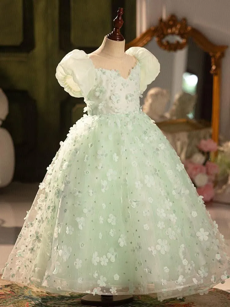 CUHK children's bubble sleeves cute green mesh fluffy Christmas party girl princess dress