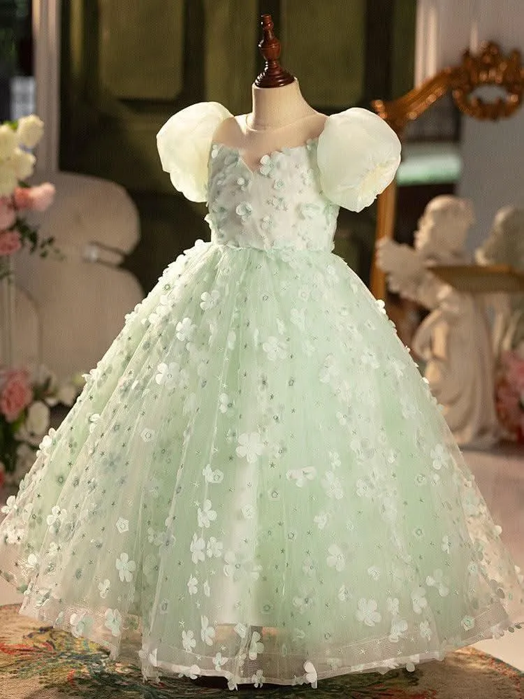 CUHK children's bubble sleeves cute green mesh fluffy Christmas party girl princess dress