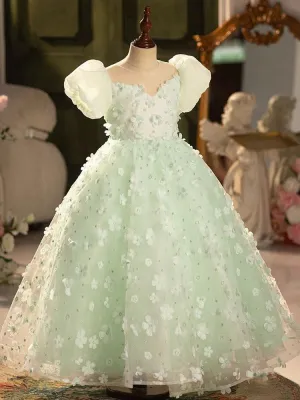 CUHK children's bubble sleeves cute green mesh fluffy Christmas party girl princess dress