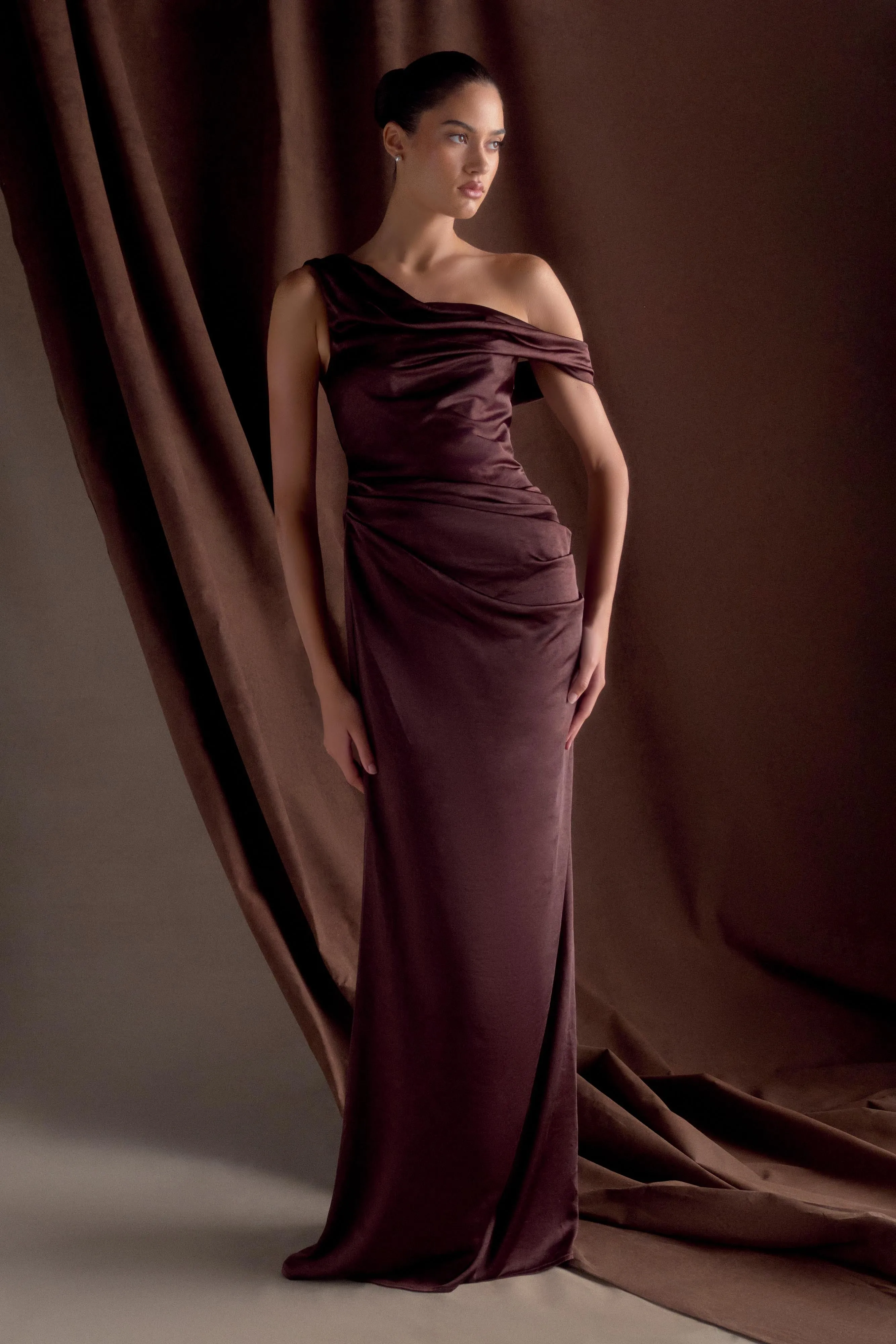 Dalia Off Shoulder Satin Maxi Dress - Dark Chocolate