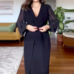 🥰Elegant dress with V-neck and long lantern sleeves made of mesh for women