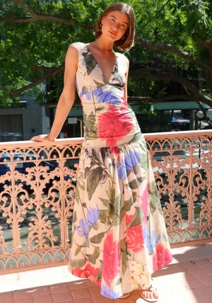 Elegant Floral Maxi Dress with Plunging V-Neck and Vibrant Prints