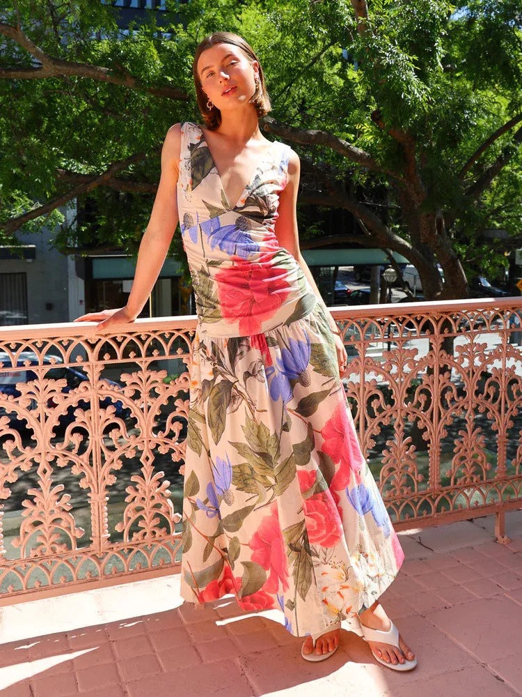 Elegant Floral Maxi Dress with Plunging V-Neck and Vibrant Prints