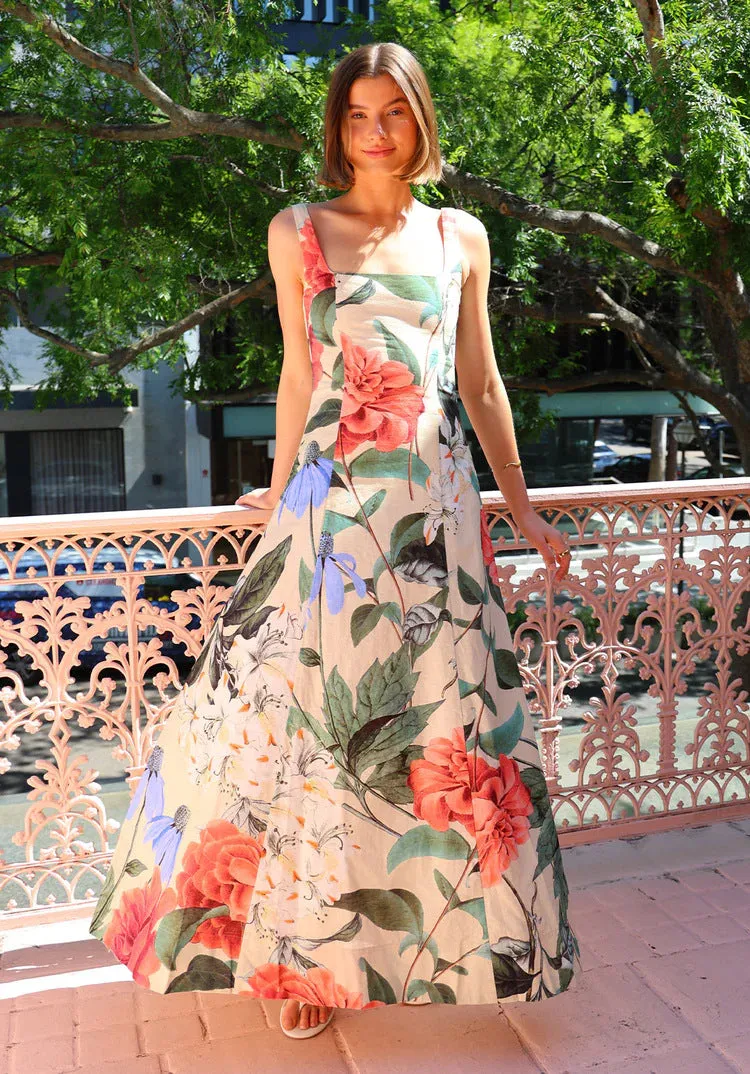Elegant Vintage-Inspired Floral Print Sleeveless Maxi Dress