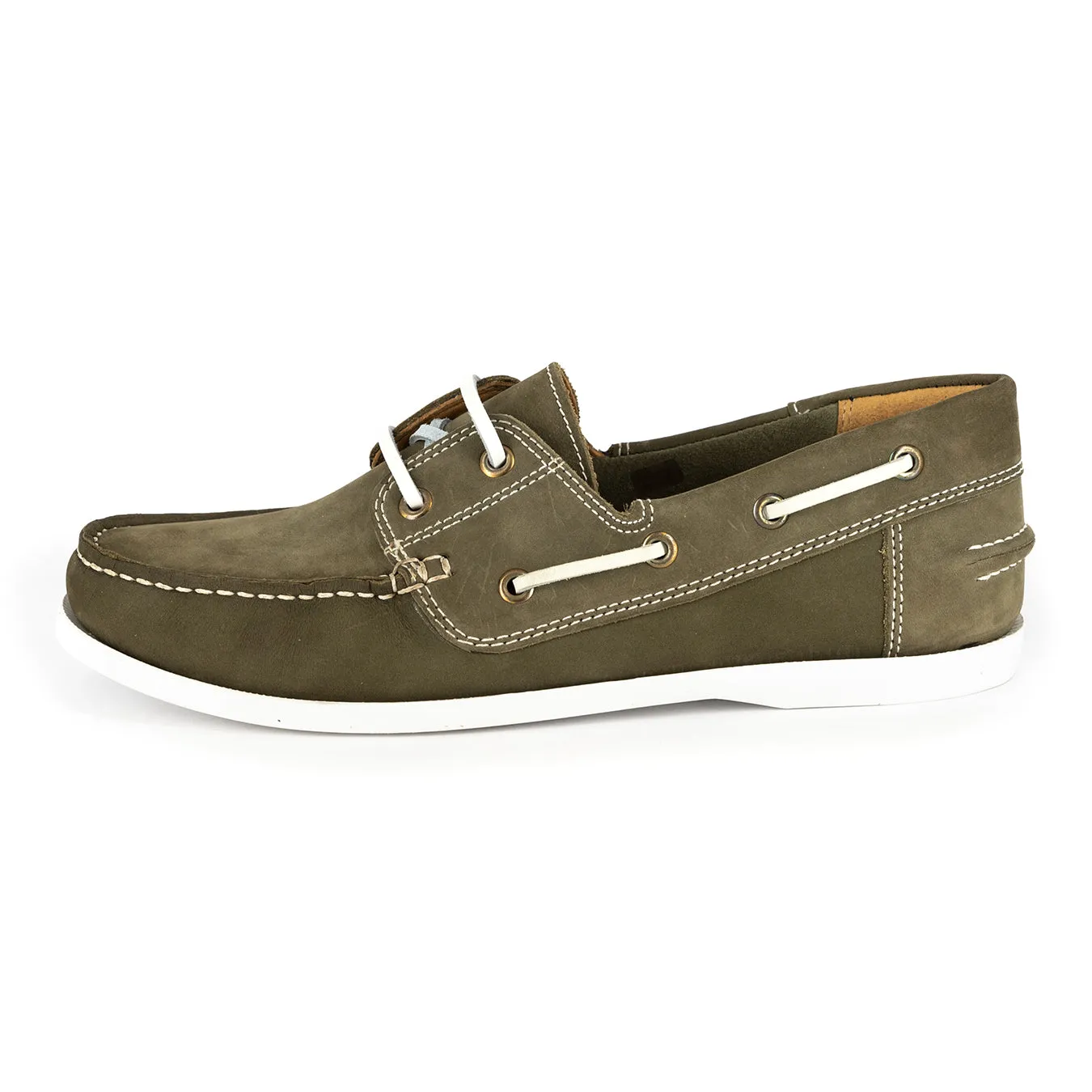 Exwaya : Mens Leather Boat Shoe in Olive Nubuck