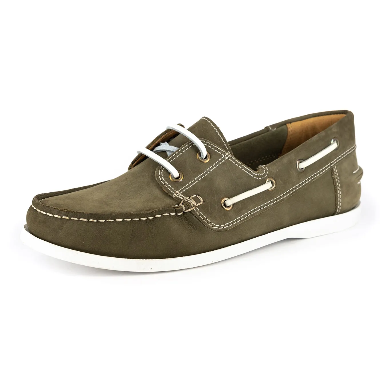 Exwaya : Mens Leather Boat Shoe in Olive Nubuck