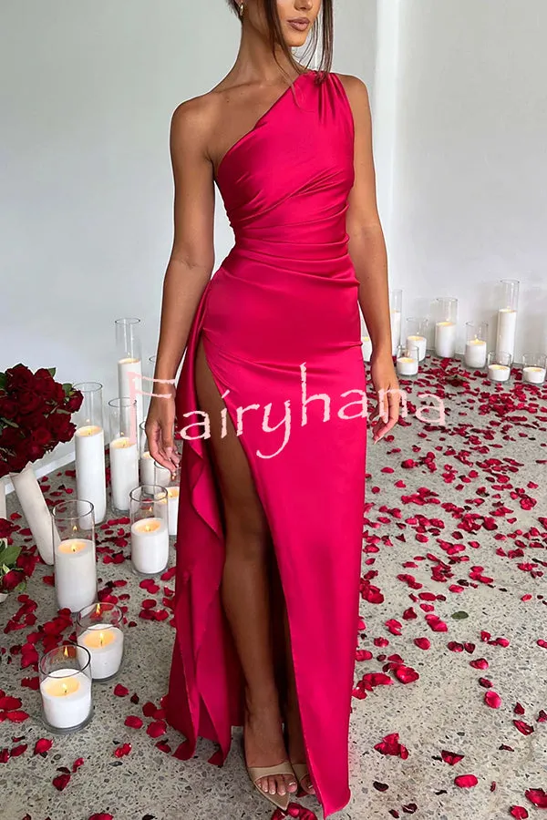 Fits Your Curves Satin One Shoulder Drape Slit Maxi Dress