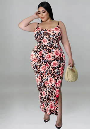 Floral and Animal Print Strappy Bodycon Dress with Slit Detail
