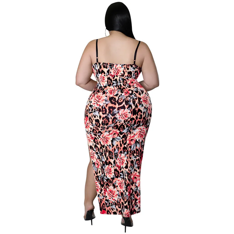 Floral and Animal Print Strappy Bodycon Dress with Slit Detail