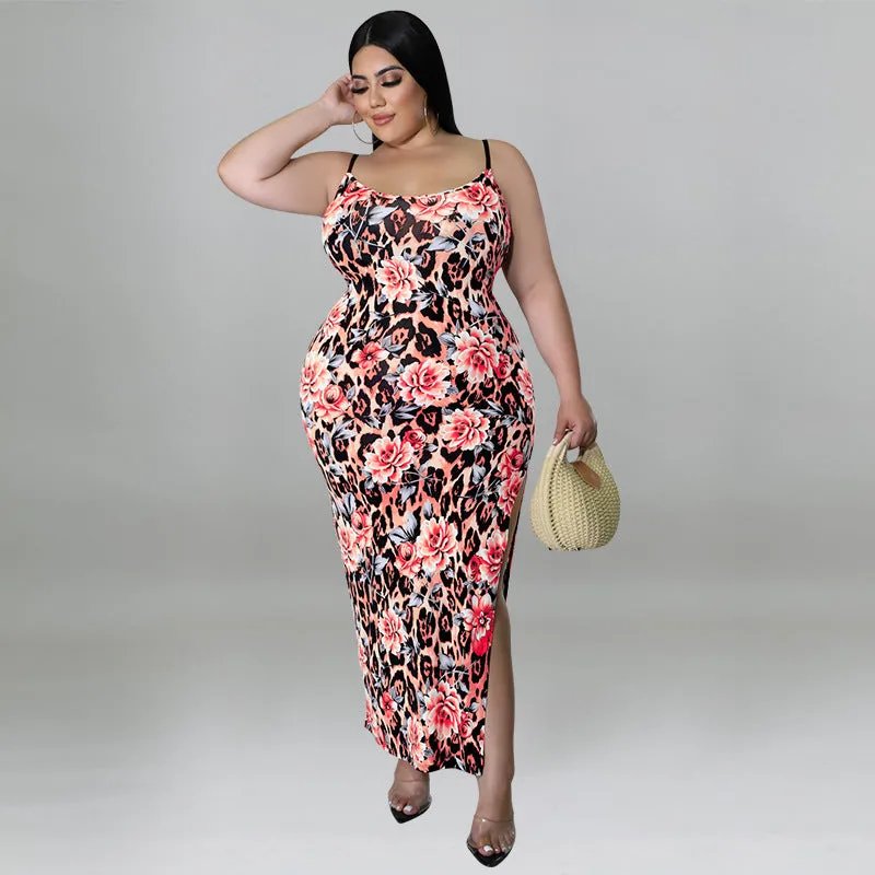 Floral and Animal Print Strappy Bodycon Dress with Slit Detail