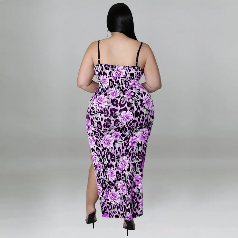 Floral and Animal Print Strappy Bodycon Dress with Slit Detail