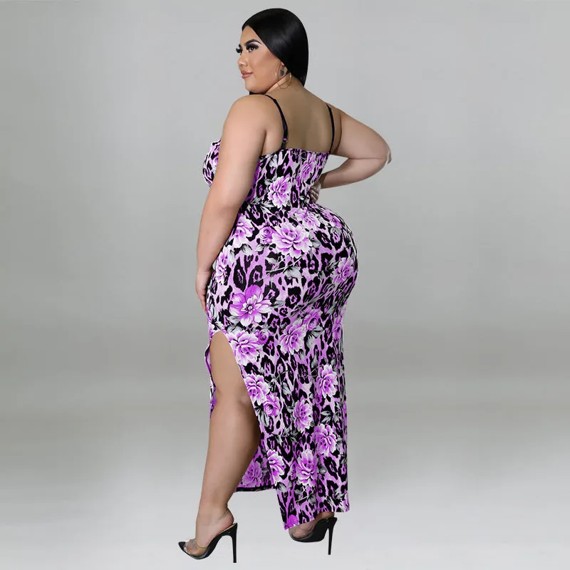 Floral and Animal Print Strappy Bodycon Dress with Slit Detail