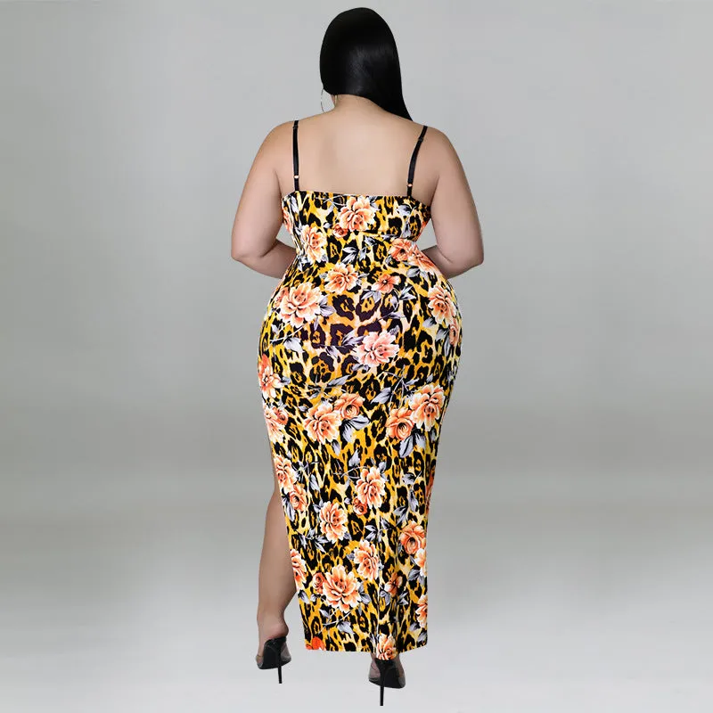 Floral and Animal Print Strappy Bodycon Dress with Slit Detail