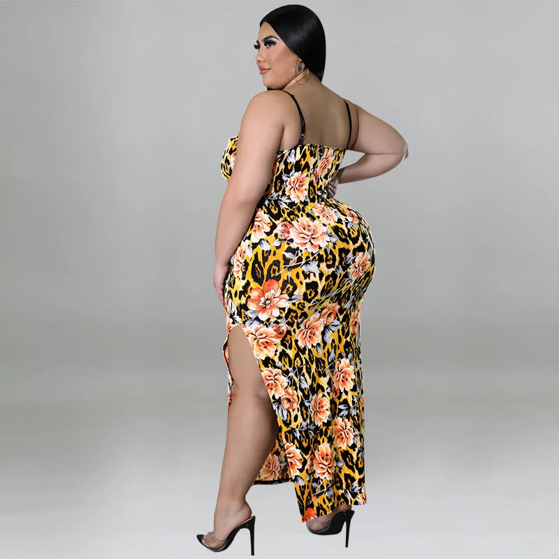 Floral and Animal Print Strappy Bodycon Dress with Slit Detail