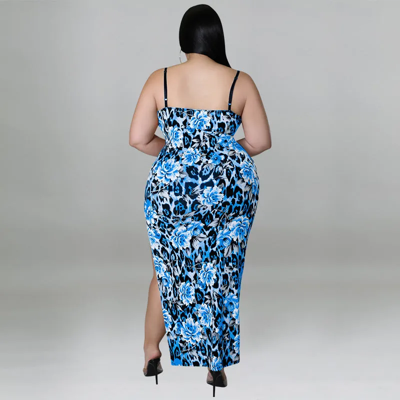 Floral and Animal Print Strappy Bodycon Dress with Slit Detail