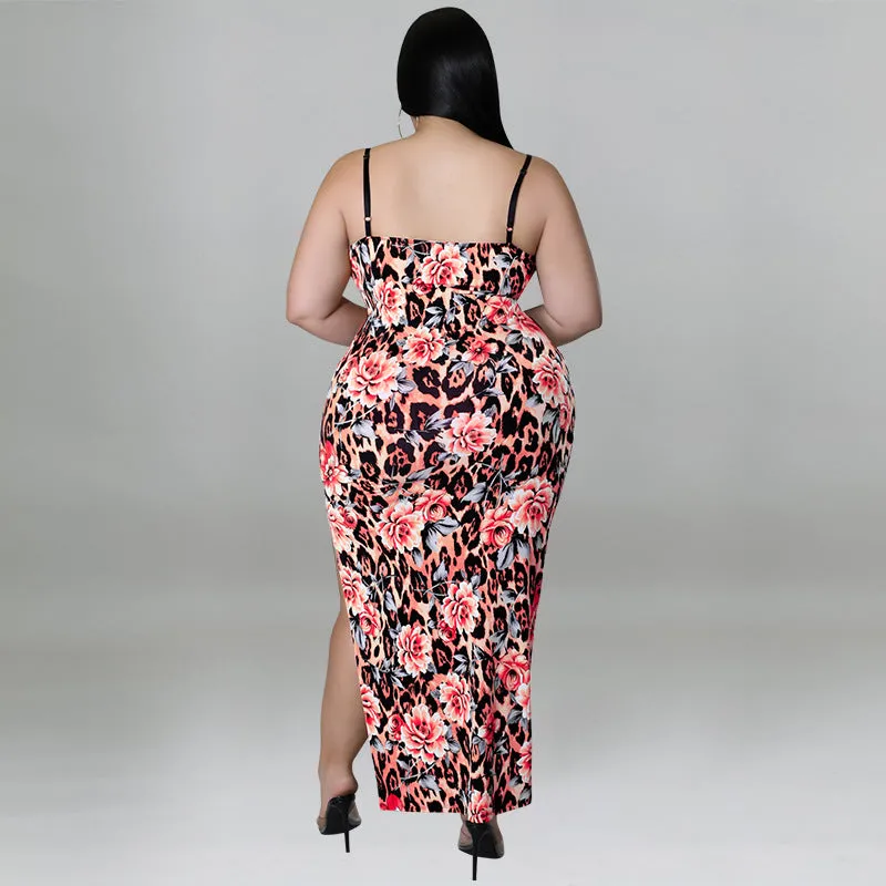 Floral and Animal Print Strappy Bodycon Dress with Slit Detail